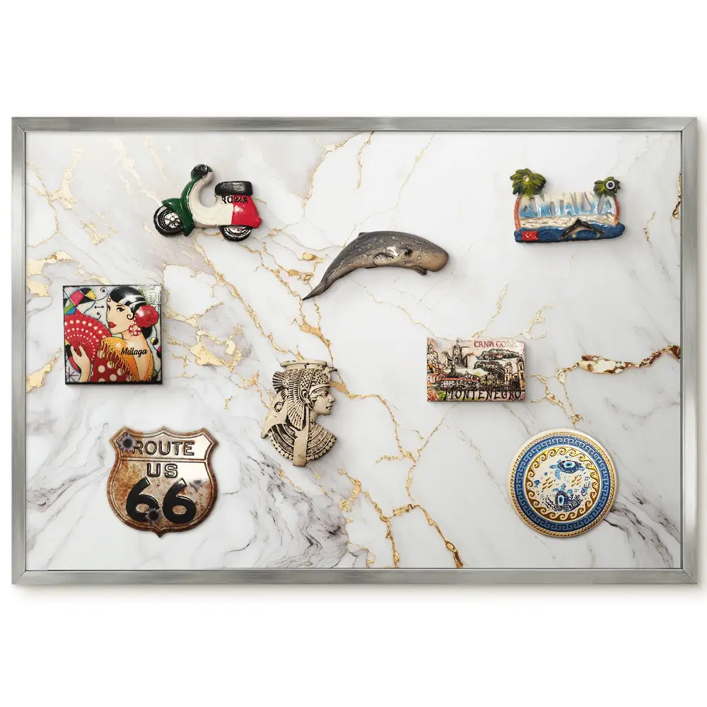 Tableau magnétique avec cadre motif marbre blanc veiné de jaune