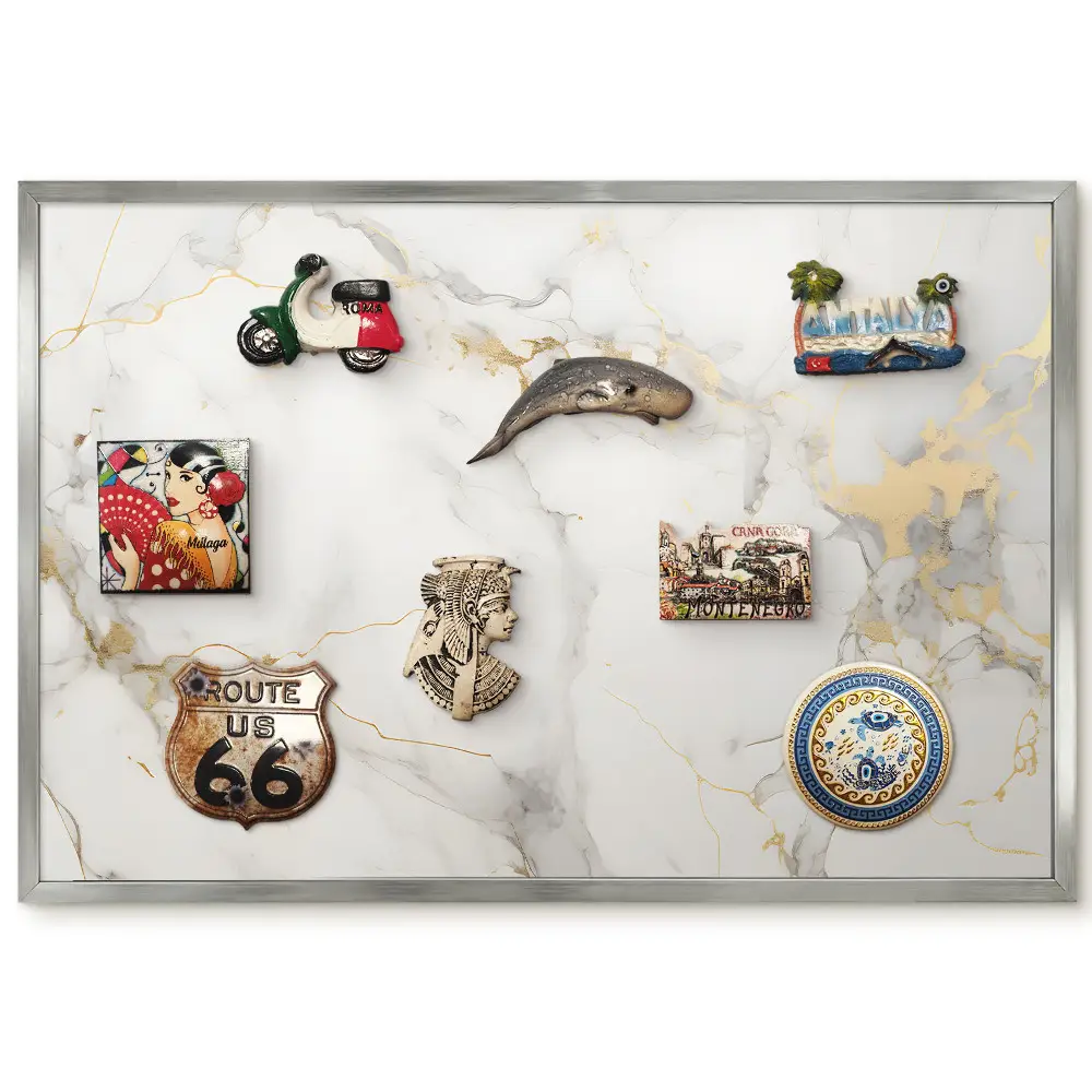 Panneau pour aimants souvenirs fond blanc avec motifs gris et touches de jaune