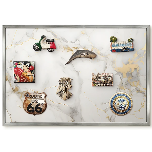 Panneau pour aimants souvenirs fond blanc avec motifs gris et touches de jaune
