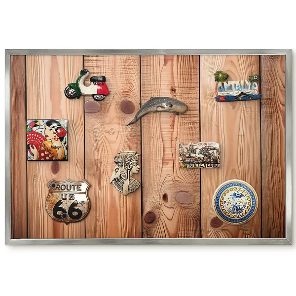Panneau pour aimants souvenirs en planches de bois rustique aux tons chauds