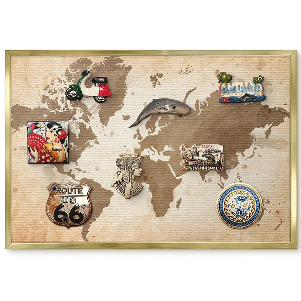 Panneau pour aimants souvenirs motif carte du monde vintage marron