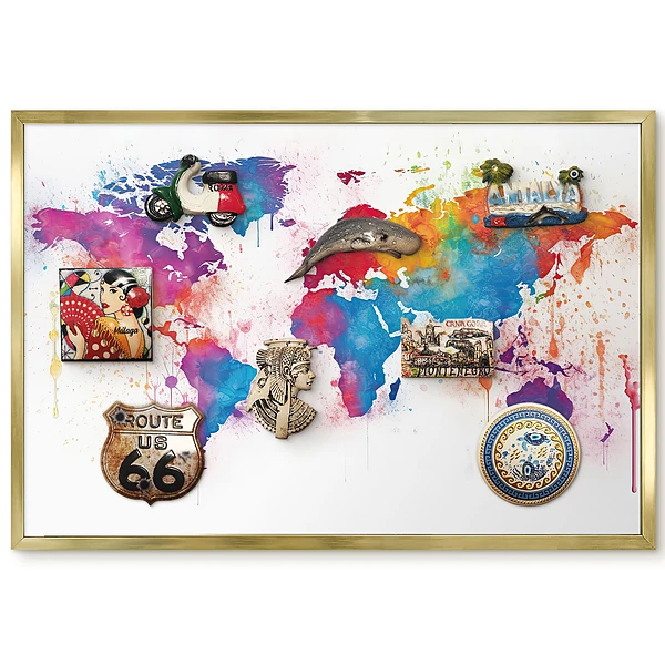 Tableau magnétique encadré carte du monde à l'aquarelle