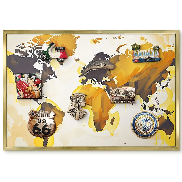 Panneau pour aimants souvenirs motif carte du monde abstraite tons jaunes