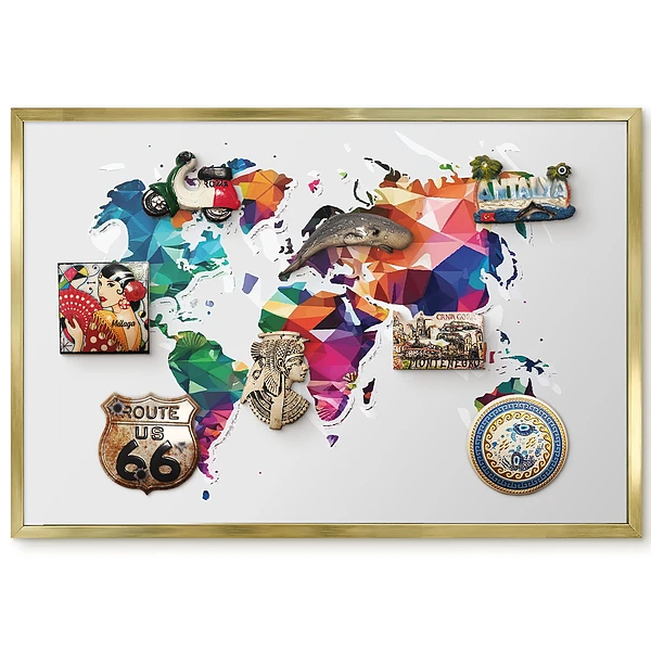 Tableau magnétique carte du monde géométrique colorée avec cadre