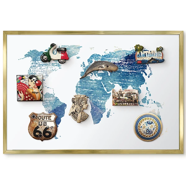 Panneau pour aimants souvenirs carte du monde aquarelle bleue