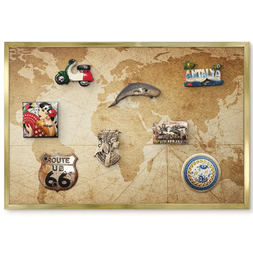 Panneau pour aimants souvenirs avec motif de carte élégant dans des tons beiges chauds
