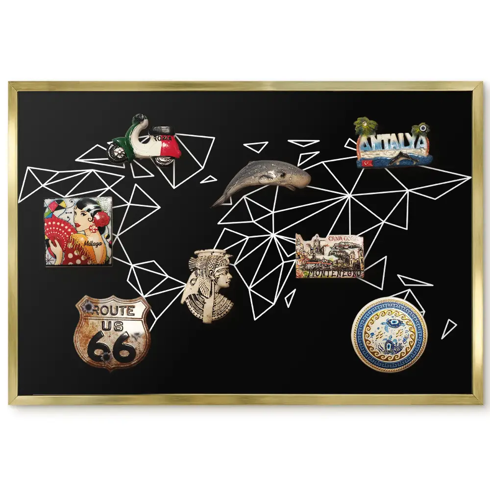 Panneau décoratif pour aimants souvenirs avec carte du monde géométrique