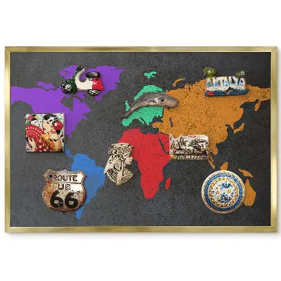 Tableau magnétique encadré carte du monde colorée sur fond sombre
