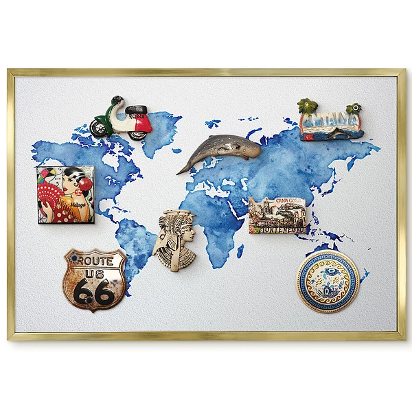 Panneau pour aimants souvenirs carte du monde aquarelle bleue