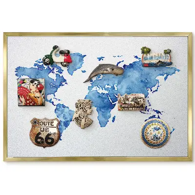 Panneau pour aimants souvenirs carte du monde aquarelle bleue