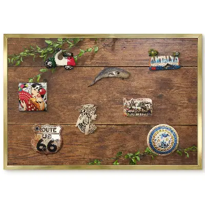 Tableau magnétique encadré motif planches de bois et feuilles vertes