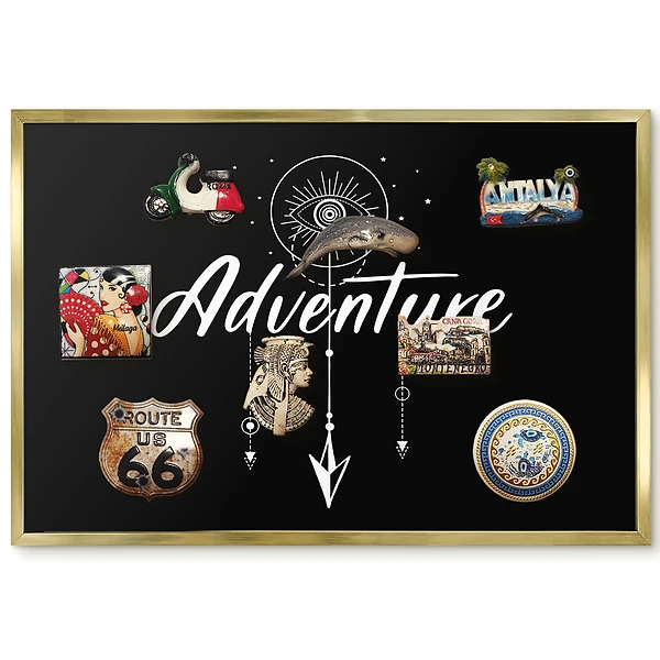 Tableau magnétique encadré avec motif mystérieux et inscription contrastée