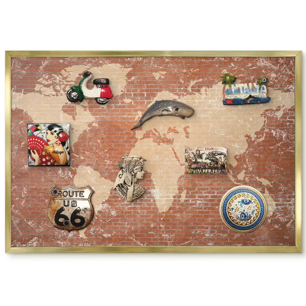 Tableau magnétique encadré représentant une carte du monde sur fond de briques au style industriel