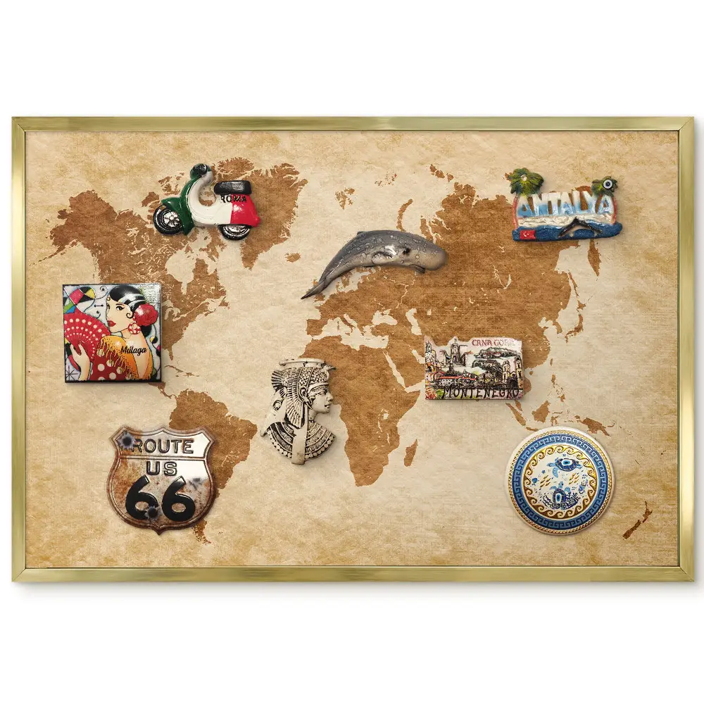 Tableau magnétique encadré Carte du monde élégante dans des tons de brun