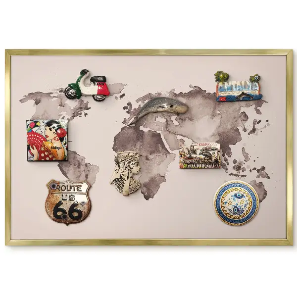 Tableau magnétique encadré carte du monde dans des tons de brun