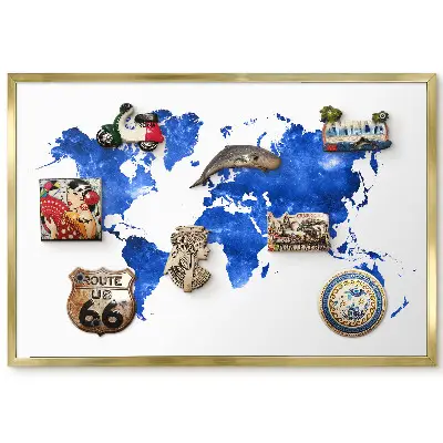 Tableau magnétique encadré carte du monde artistique fond bleu
