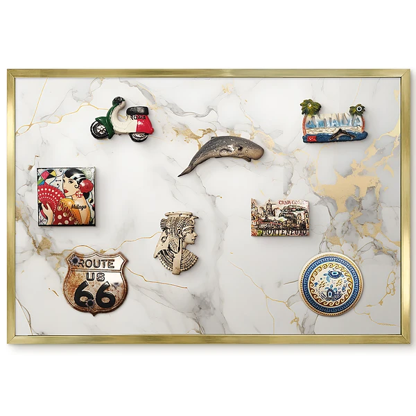 Tableau magnétique encadré fond blanc avec motifs gris et touches de jaune