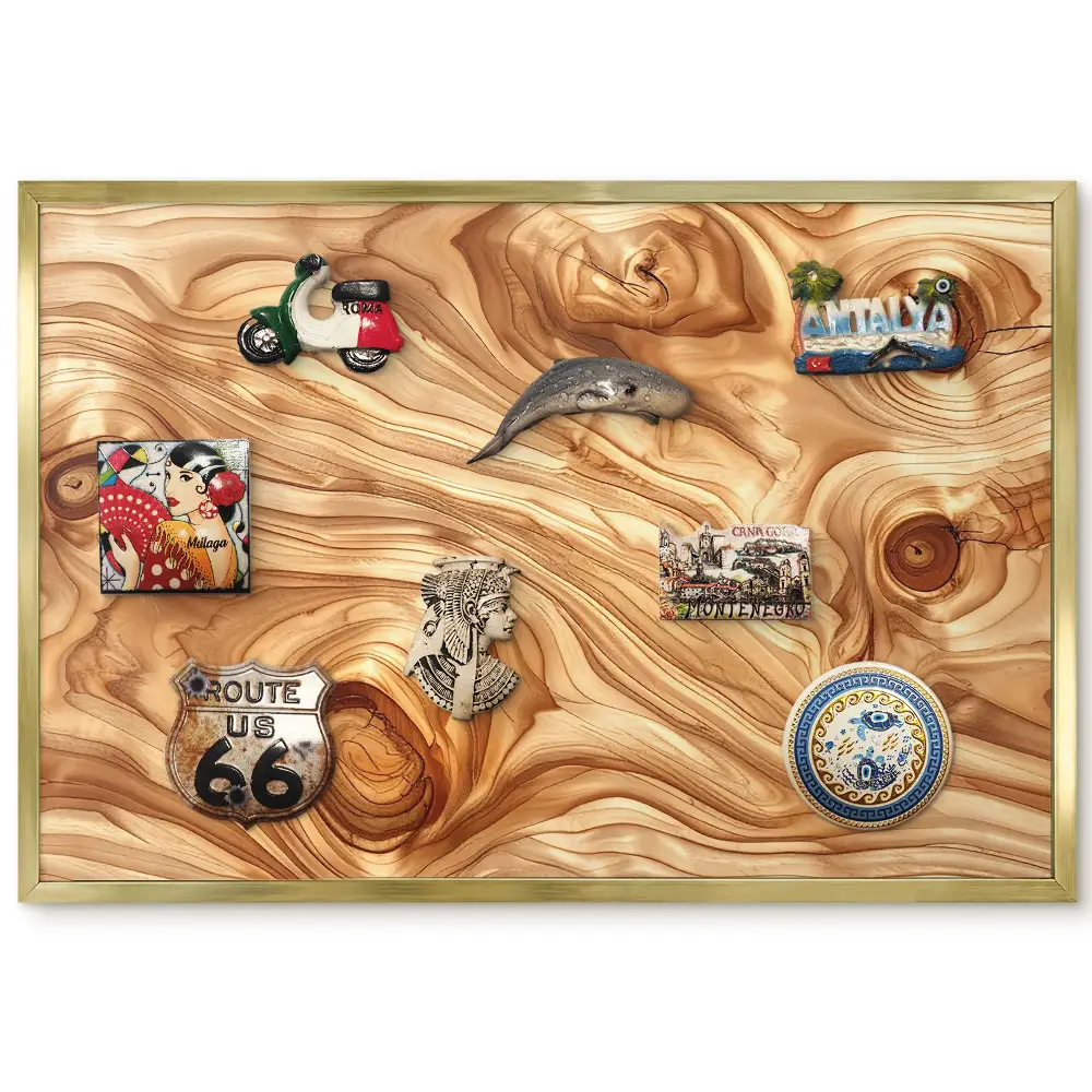 Tableau magnétique encadré avec motifs de formes organiques en bois aux tons chauds