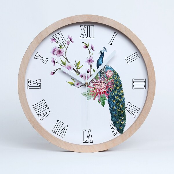 Horloge murale en bois Paon et fleurs