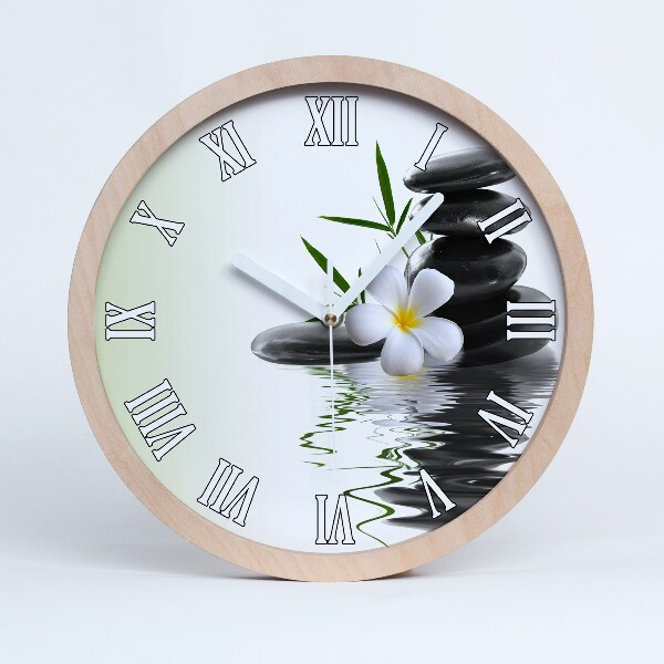 Horloge murale décorative bois Orchidée et pierres