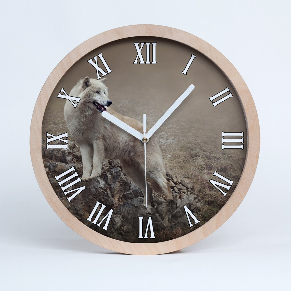 Horloge ronde en bois Loup blanc sur un rocher