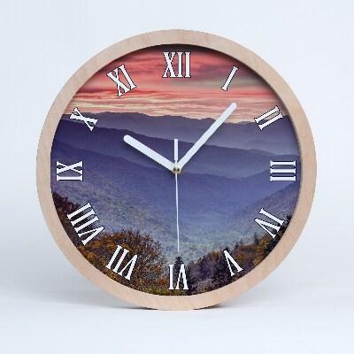 Horloge murale bois design Coucher de soleil en montagne