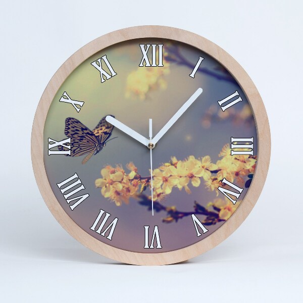 Horloge murale en bois Fleur de cerisier et papillon