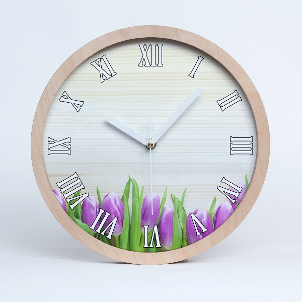 Horloge murale bois design Tulipes violettes