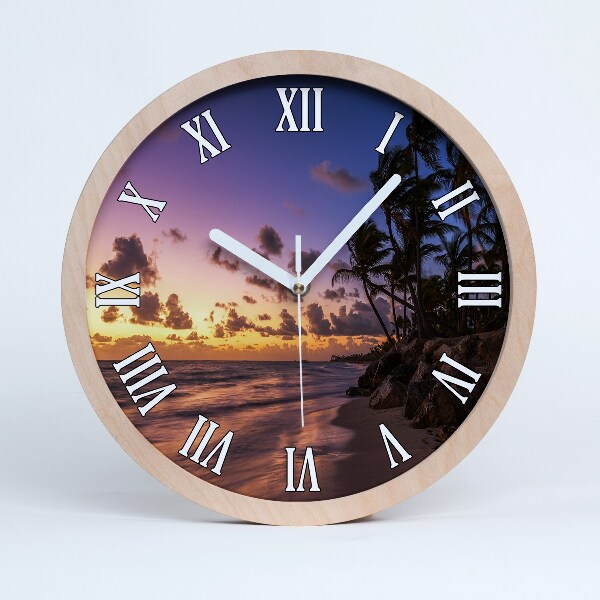 Horloge ronde en bois Coucher de soleil sur la plage