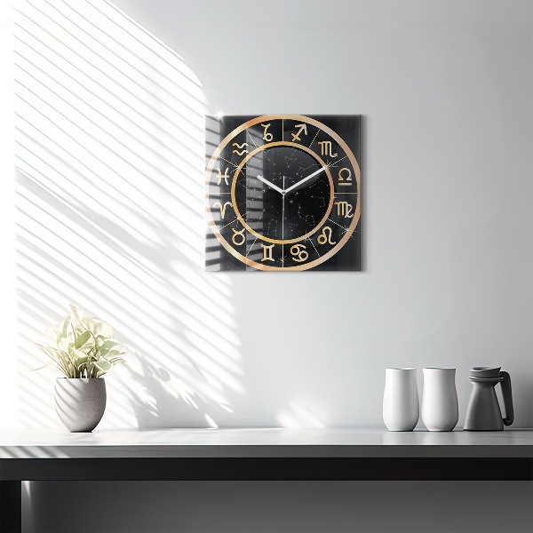 Horloge murale carrée Signes du zodiaque noirs