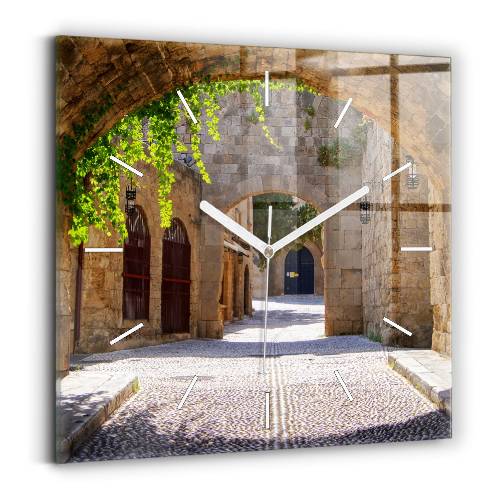 Pendule carrée en verre Rue pittoresque de Rhodes