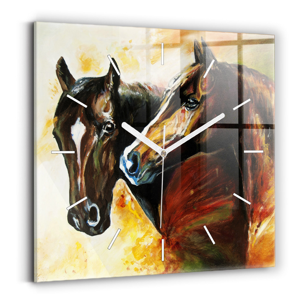 Horloge carrée en verre Deux chevaux peints