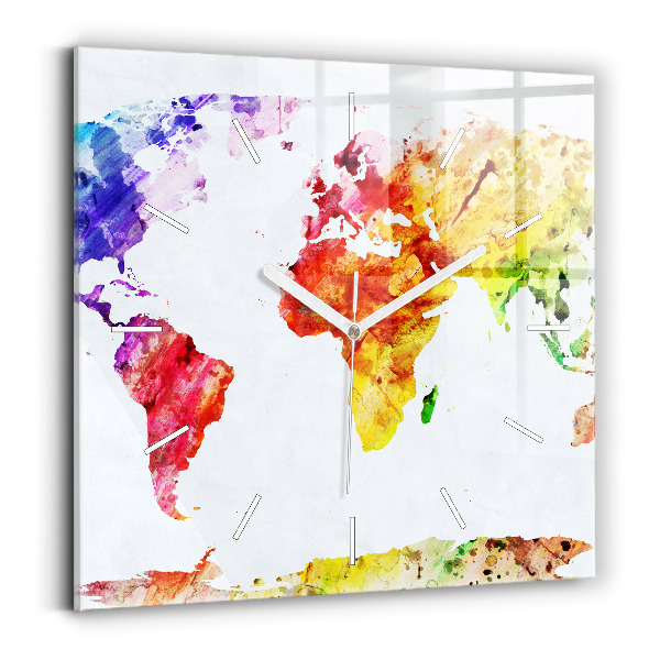 Pendule carrée en verre Carte du monde à l'aquarelle