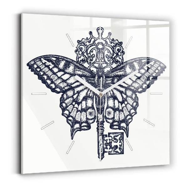 Pendule carrée en verre Papillon et clé - style boho