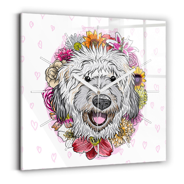 Pendule carrée en verre Chien heureux dans les fleurs