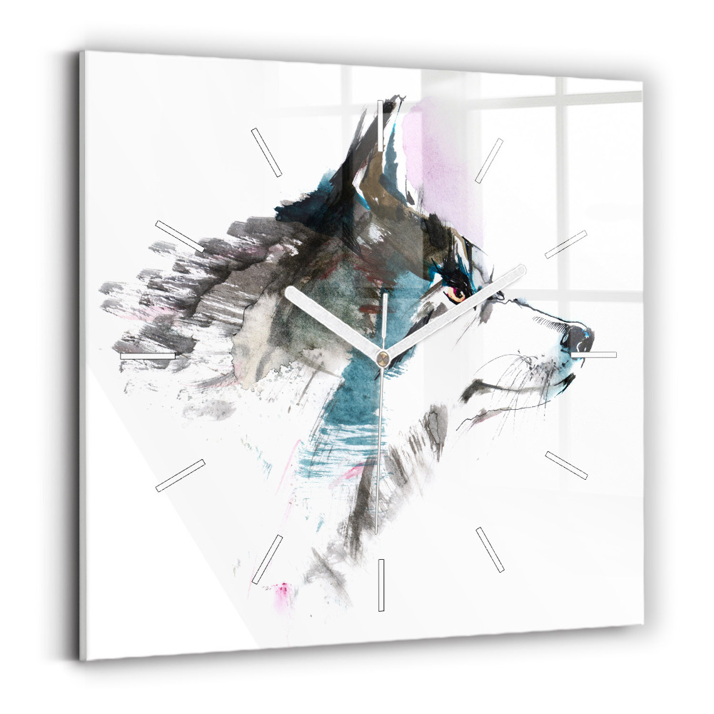 Pendule carrée en verre Profil d'un loup peint