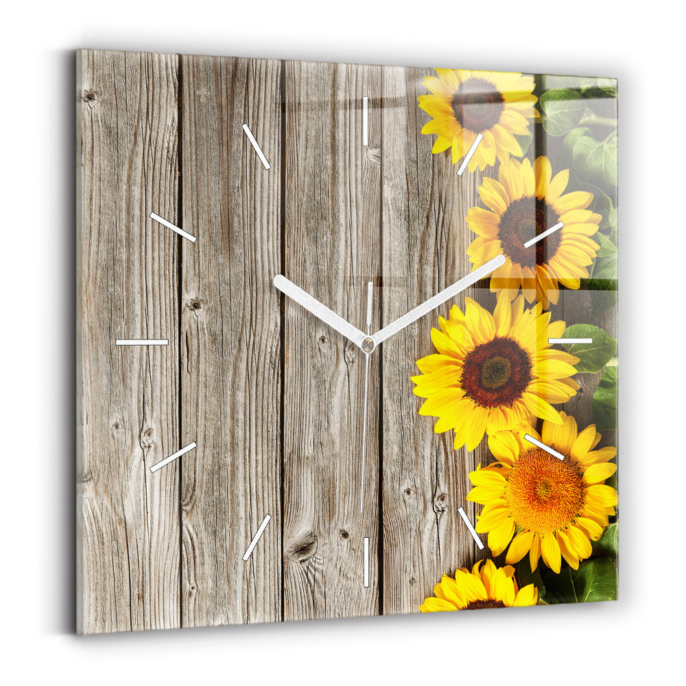 Horloge carrée en verre Tournesols sur planches