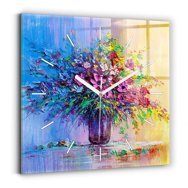 Pendule carrée en verre Fleurs dans un vase
