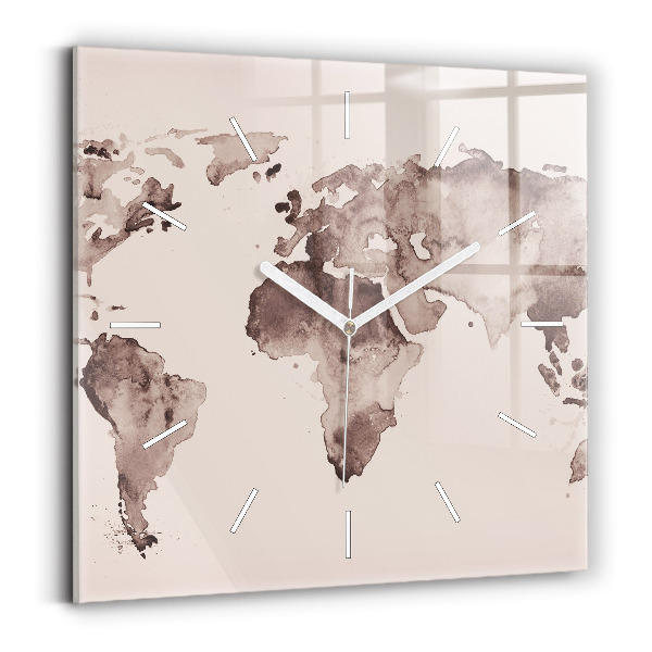 Horloge carrée en verre Carte du monde à l'aquarelle
