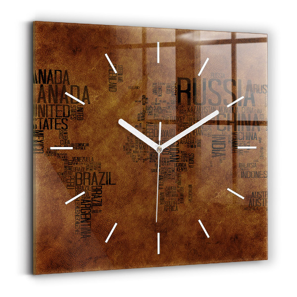 Horloge carrée en verre Carte et noms de pays