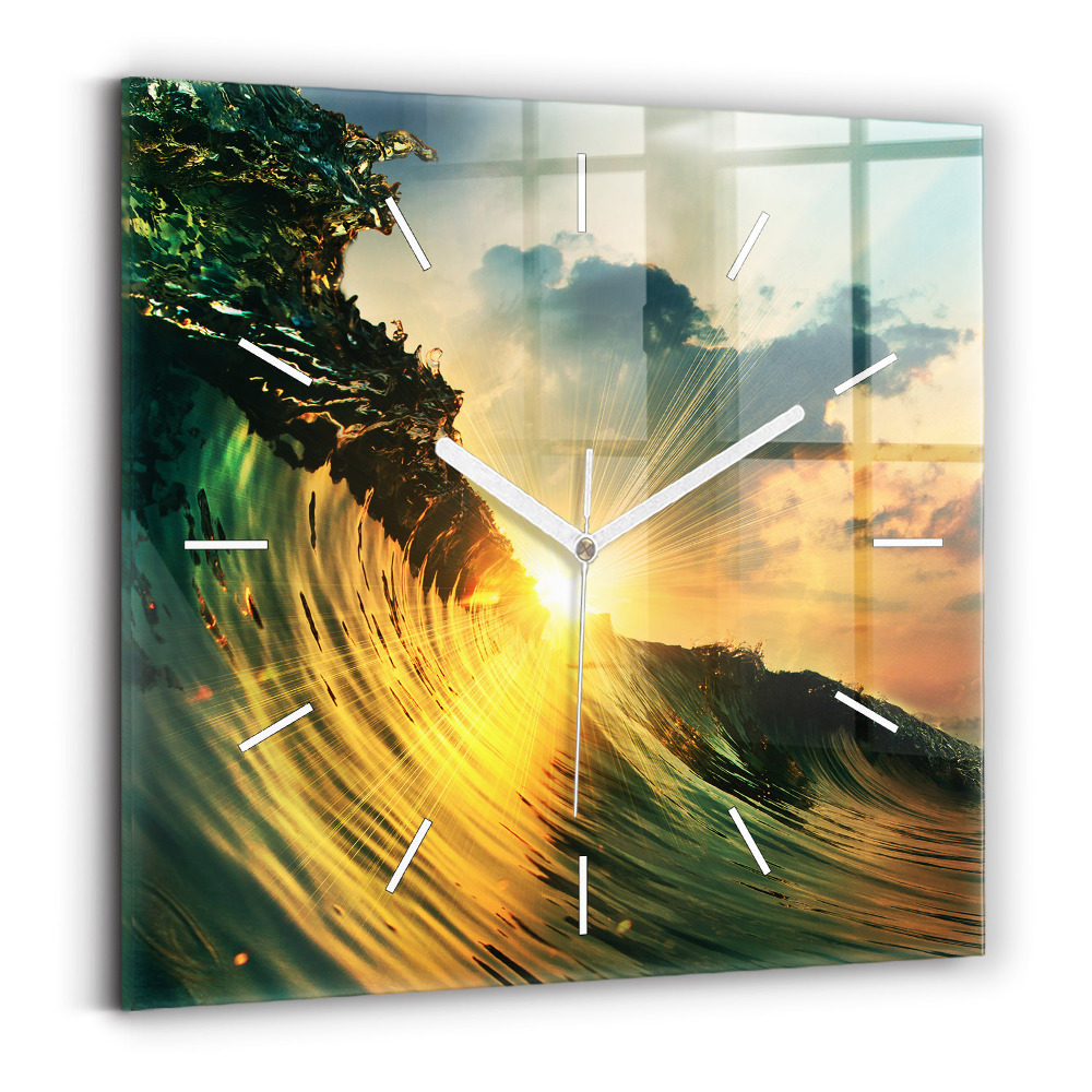 Horloge murale carrée Perspective de vague Coucher de soleil