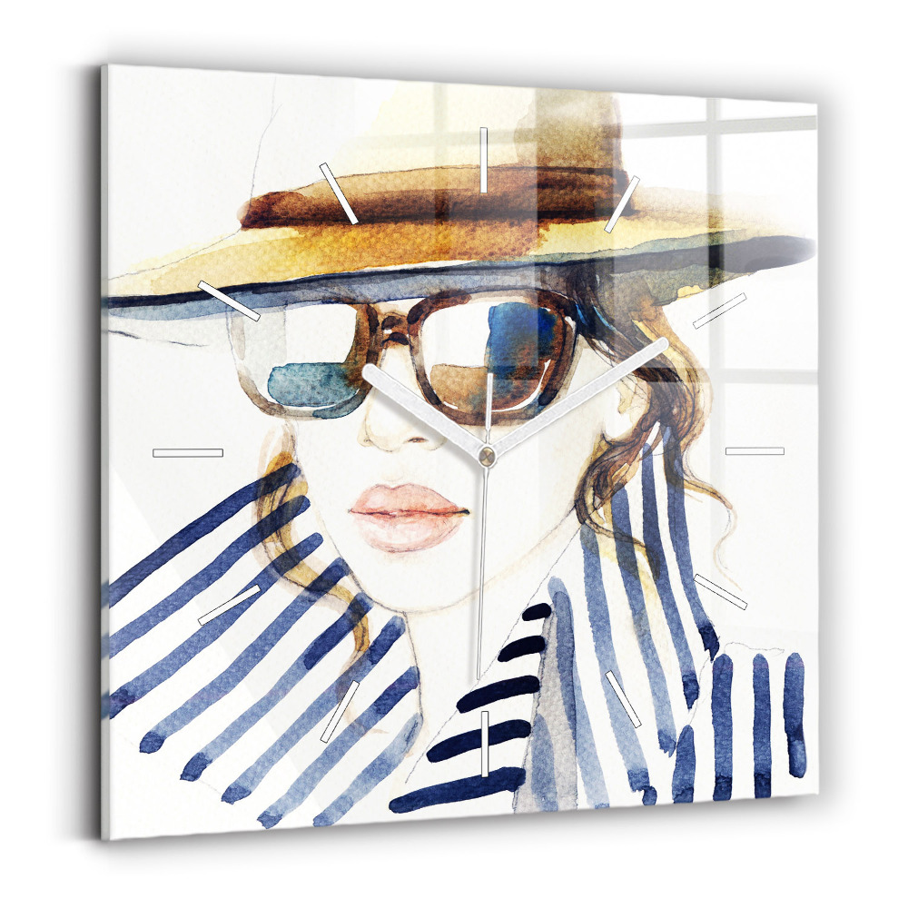 Pendule carrée en verre Visage avec lunettes et chapeau