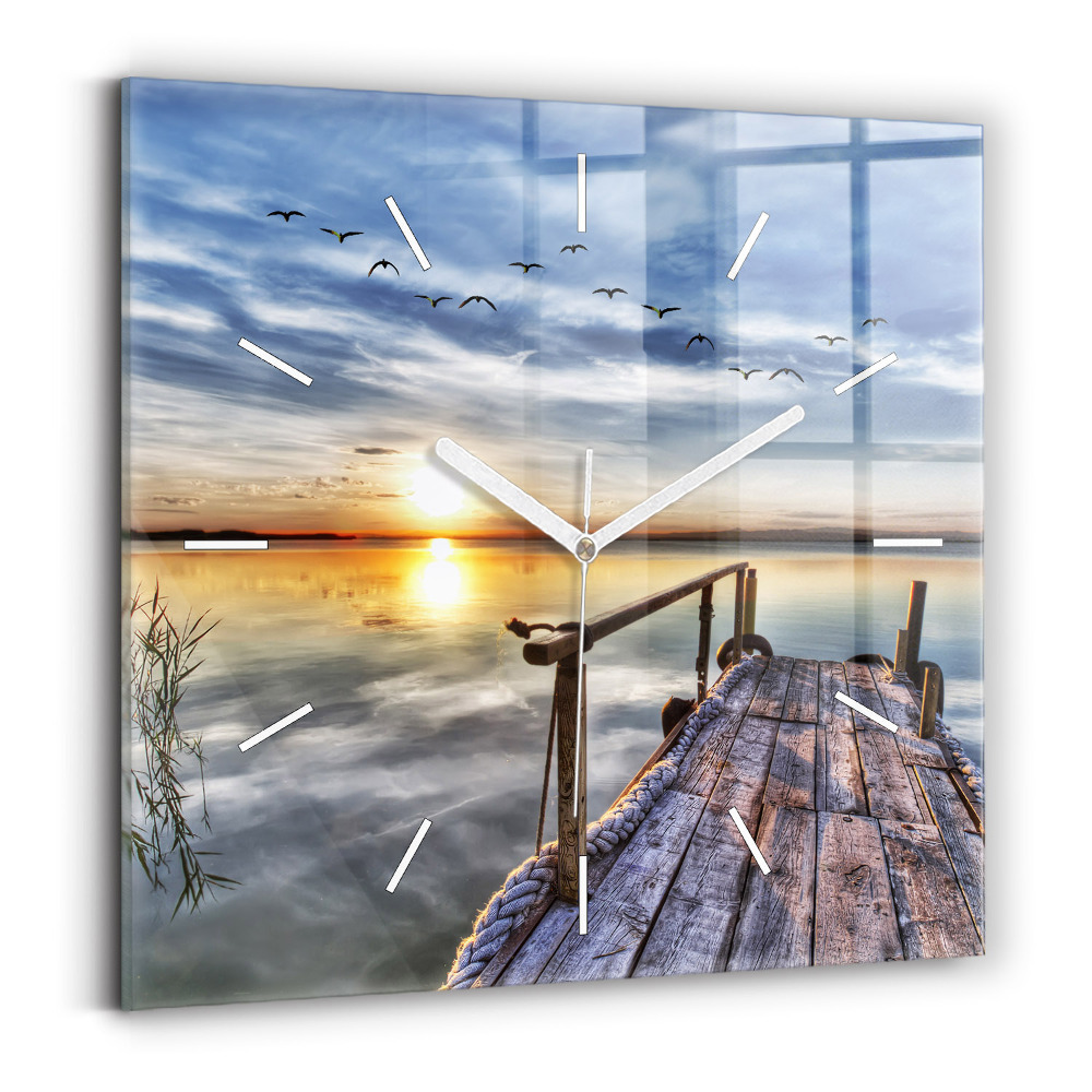 Horloge carrée en verre Lac au coucher du soleil