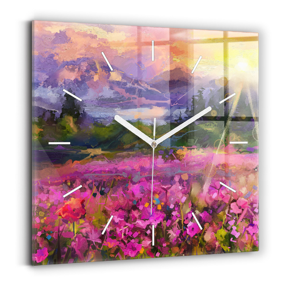 Horloge carrée en verre Prairie au coucher du soleil