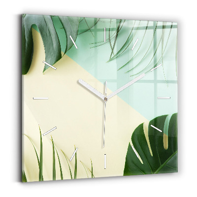 Horloge carrée en verre Feuilles de monstera