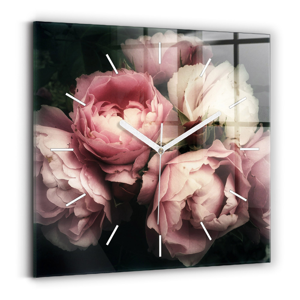 Pendule carrée en verre Bouquet de roses roses