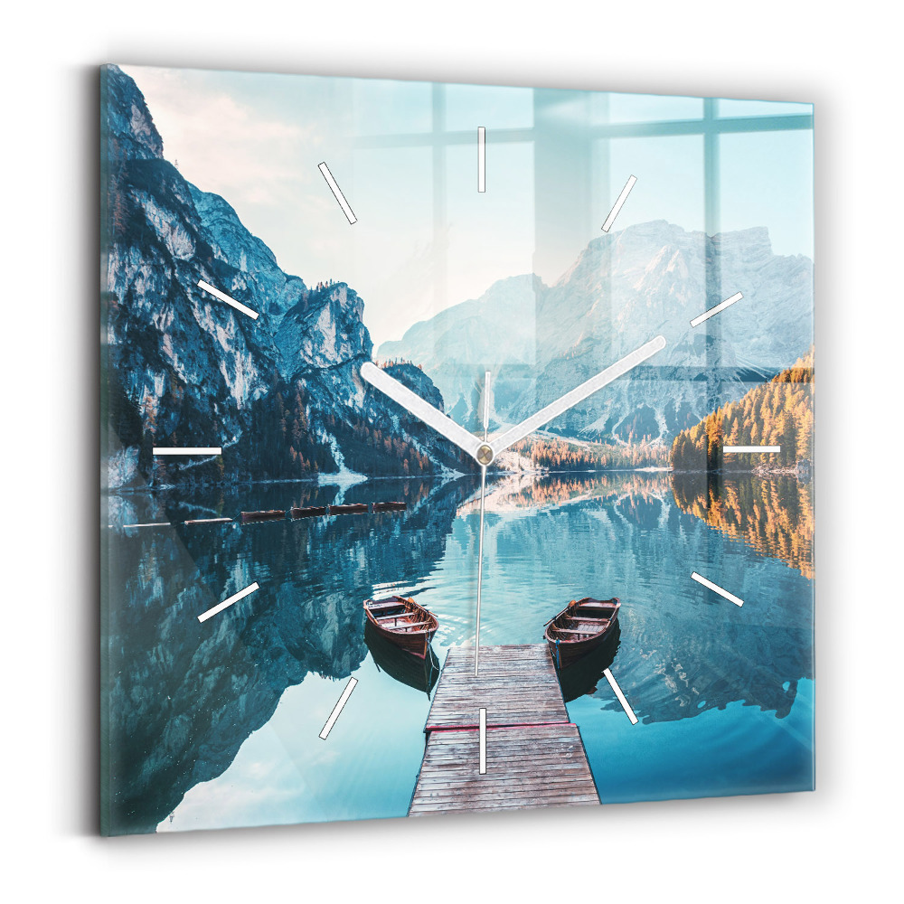 Horloge carrée en verre Bateaux sur un lac
