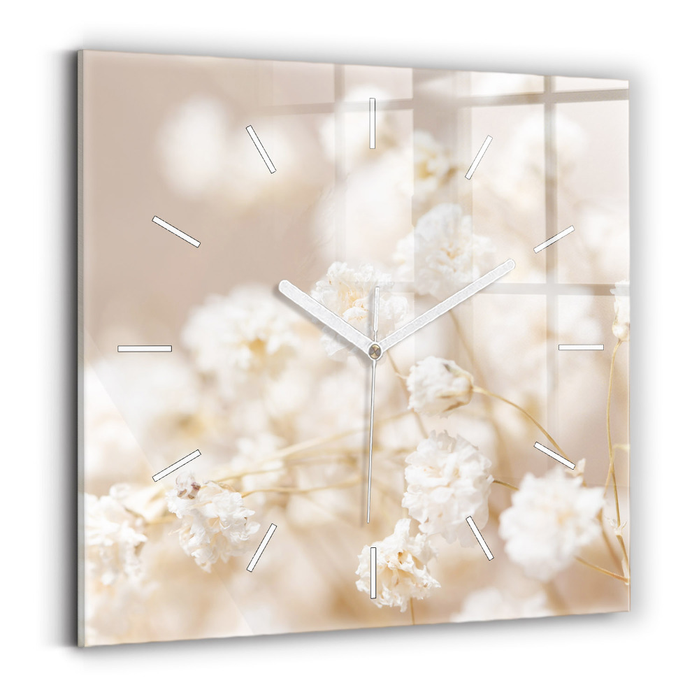 Horloge carrée en verre Petites fleurs blanches