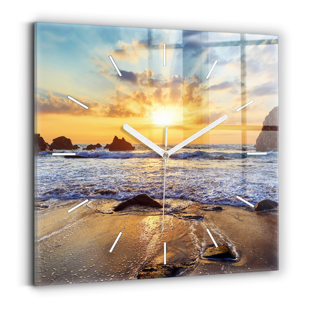 Pendule carrée en verre Coucher de soleil sur la plage