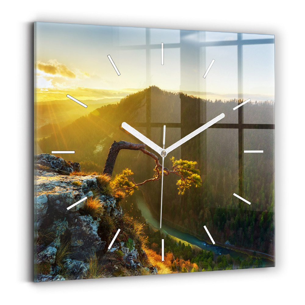 Pendule carrée en verre Coucher de soleil sur les montagnes
